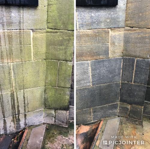 Before and after picture of softwashing